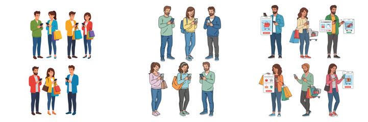 People Online Shopping with Smartphones Set