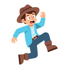 Fearful explorer in action: A vibrant illustration of a young explorer, captured mid-leap with a look of surprise and fear on his face. 