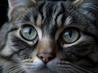 Stunning macro photography of a beautiful domestic tabby cat's face, highlighting its intricate fur patterns and captivating green eyes