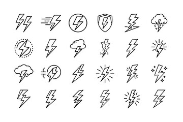 Lightning Bolt Elements Vector Icon Set. Lightning, Thunder, Energy, Storm, Electric, Flash, Thunderstorm, Power, Icon, Bolt, Strike, Icon Set, Weather Forecast, and More. Editable Stroke.