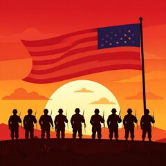 Silhouette of soldiers at sunset with American flag