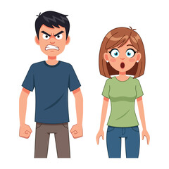 Anger and Surprise: A stylized illustration depicts a man consumed by anger while a woman registers astonishment, symbolizing contrasting emotional reactions in a narrative of tension and perplexity.