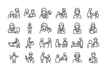 Healthcare Elements Vector Icon Set. Doctor, Nurse, Medical, Healthcare Worker, Health Treatment, Stethoscope, Medical Staff, Injection, Consultation, Diagnosis, Health Service, Editable Stroke.