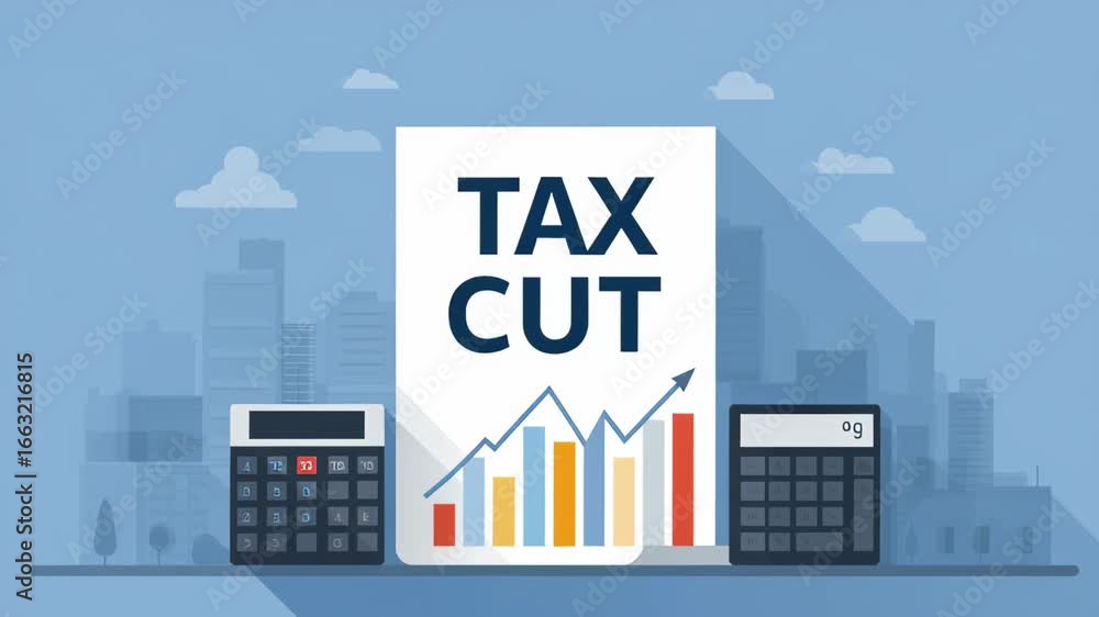 Poster modern flat design infographic on tax cut concept with graphs and calculators in background