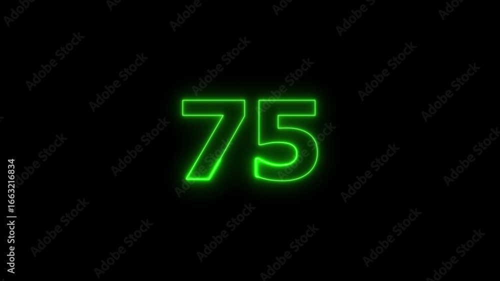 Poster glowing neon text 75 number countdown timer animation background. neon business number icon 4k video