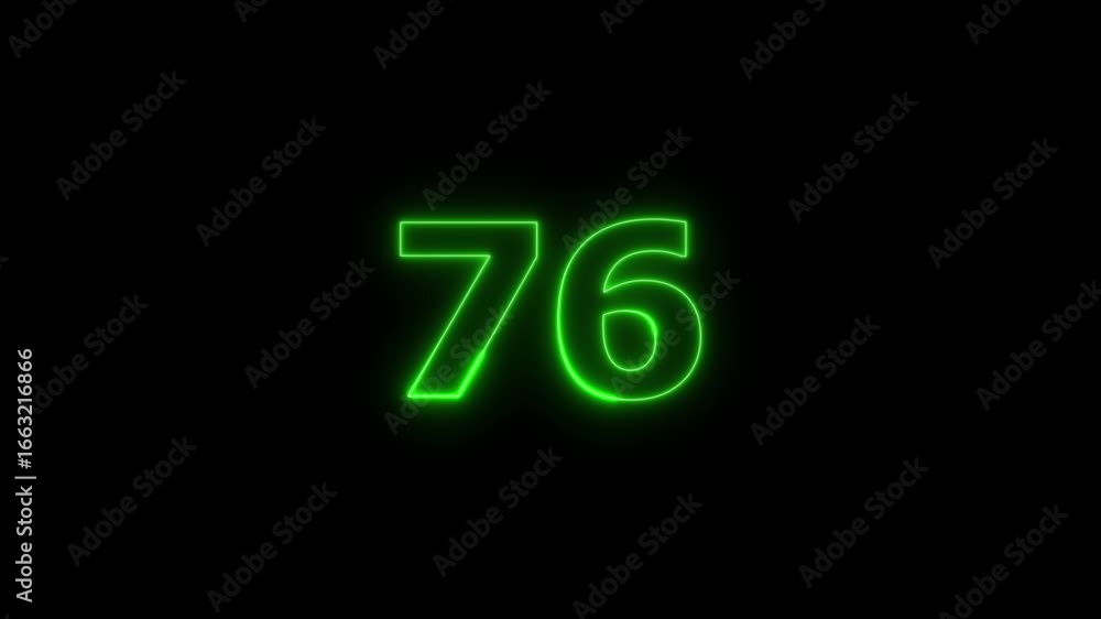 Poster glowing neon text 76 number countdown timer animation background. neon business number icon 4k video