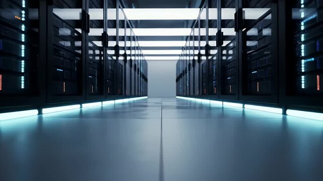 Server Room Data Center Network Infrastructure Technology Blinking Lights Futuristic Corridor