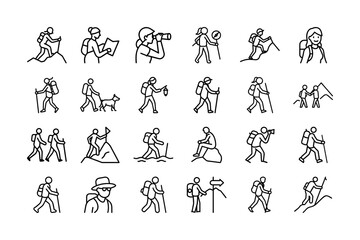Hiker Elements Vector Icon Set. Hiking, Backpack, Trekking, Mountain Climbing, Hiking Gear, Trail, Adventure, Boots, Climbing Stick, Nature, Walking, Outdoor Adventure, Navigation, and More.