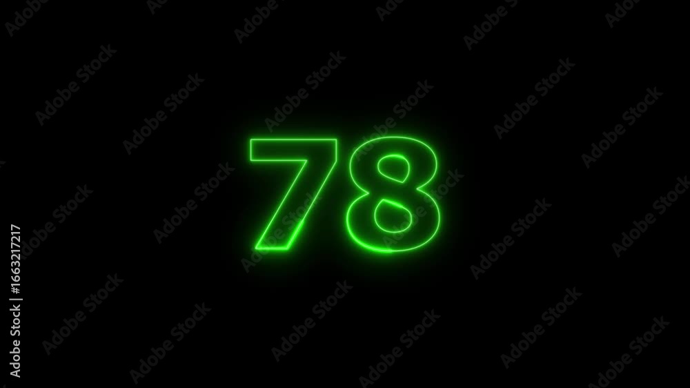 Poster glowing neon text 78 number countdown timer animation background. neon business number icon 4k video