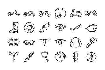 Motorcycle Elements Vector Icon Set. Motorcycle, Helmet, Gear, Scooter, Motorcycle Boots, Engine, Exhaust, Motorcycle, Bike Parts, Motorbike, Bike and More. Editable Stroke. Vector Illustration.
