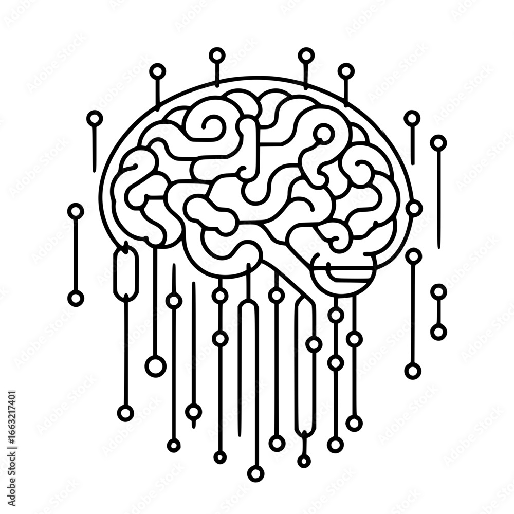 Poster detailed line art of a brain with abstract connections and nodes