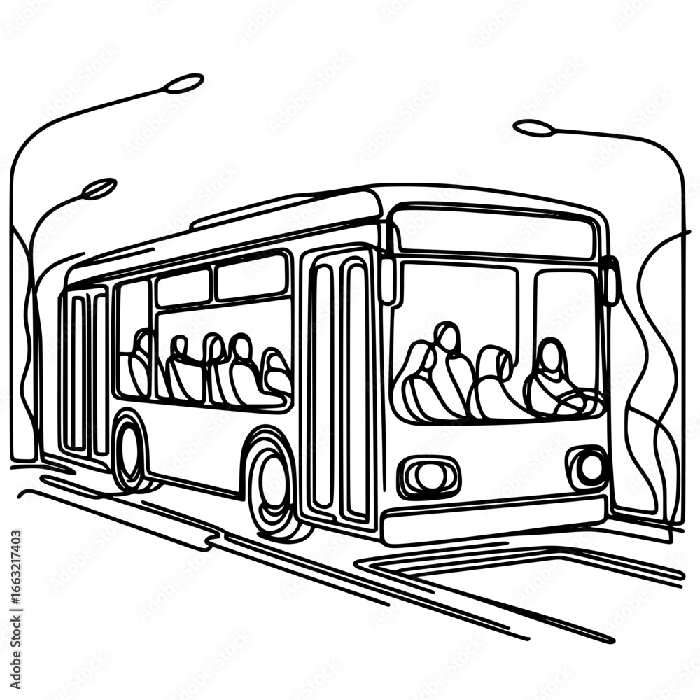 Poster public bus with passengers illustrated in single line contour vector