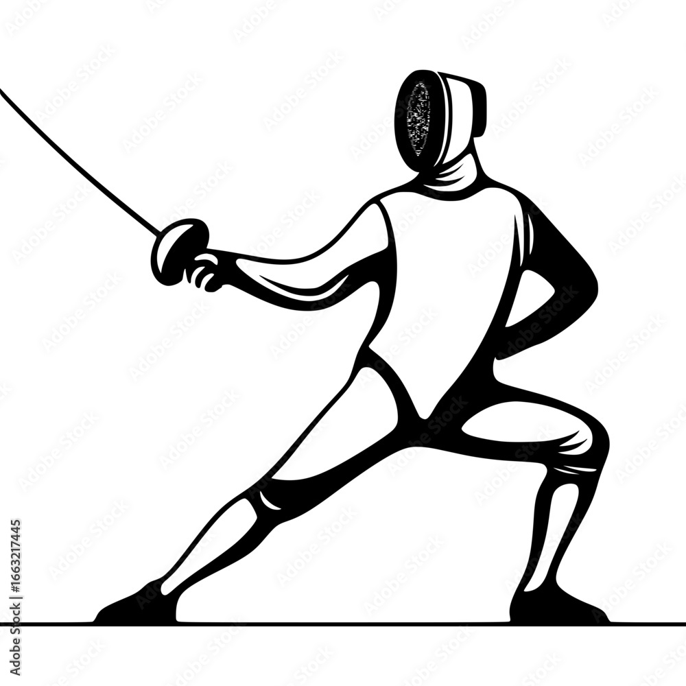 Poster fencer in action with sword demonstrating single line contour vector
