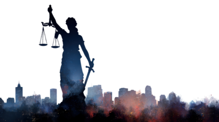 "Lady Justice Silhouette Holding Scales and Sword Against City Skyline on white background"