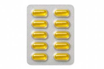 Yellow softgel capsules inside blister packaging, resting on clear surface, highlighting pharmaceutical medical product design