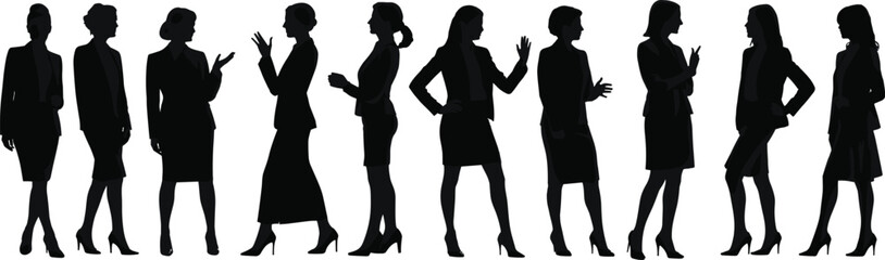 Businesswoman silhouettes, professional women, office attire, standing poses, career concept, confident female, teamwork discussion, corporate fashion, isolated on white