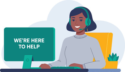 Friendly female customer service representative with headset assisting clients with a smile at her desk isolated on transparent background