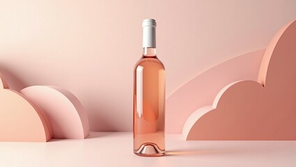 Rose bottle mockup on pastel pink abstract background with minimal clouds for branding and packaging design