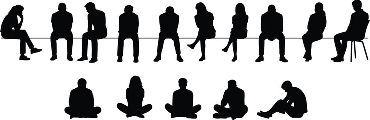 Silhouette of people sitting, group relaxation, social interaction, teamwork concept, casual meeting, office break, community gathering, lifestyle illustration, human connection, diversity