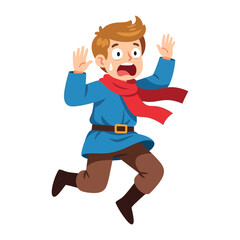 Startled Run: A young boy with a look of shock and panic on his face runs in a rush, his hands raised in a gesture of surprise, embodying the fleeting emotion of fear in a dynamic illustration.