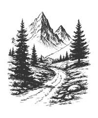 Obraz premium Vintage hand-drawn mountain landscape with forest trees and rocky path, retro engraving style wilderness illustration for outdoor adventure.