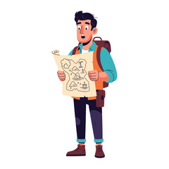 Adventurer with Map: An excited traveler with a backpack, dressed in travel attire, gazes with wonder at an intricately drawn map, embarking on a visual adventure and sparking the wanderlust.