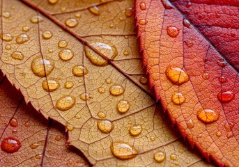 Stunning macro view of vibrant autumn leaves glistening with fresh water droplets, showcasing intricate textures and rich seasonal colors