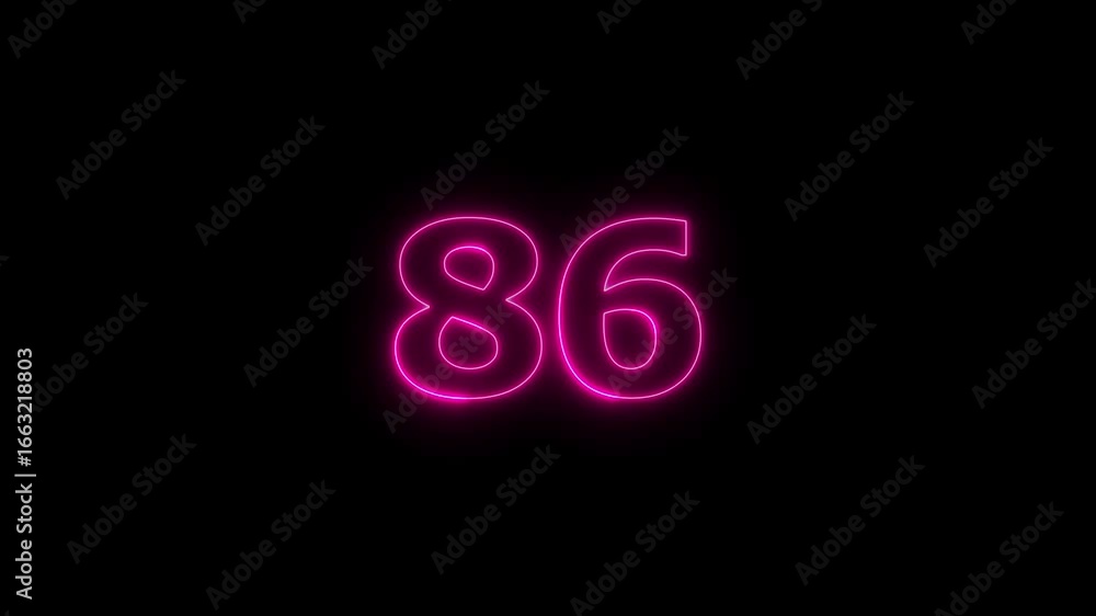 Poster glowing neon text 86 number countdown timer animation background. neon business number icon 4k video