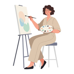 Creative Expression: A woman artist creates abstract artwork on a canvas using a brush and palette, capturing the beauty of artistic expression and innovative creativity.