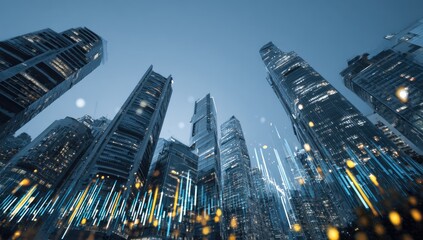 Skyscrapers at dusk with overlaid data visualizations