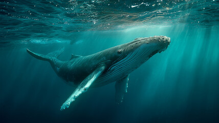 Fototapeta premium 光芒差す海中を進むザトウクジラの光景