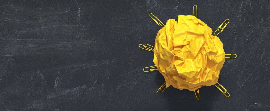 The crumpled yellow sun with paper clips on a blackboard backdrop - Powered by Adobe