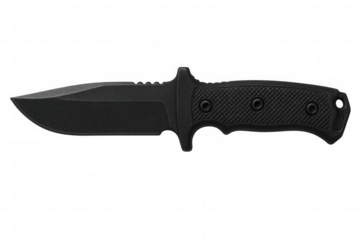 Studio shot of a modern combat knife with a black handle, isolated on a transparent background