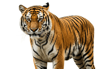 Naklejka premium Majestic tiger standing isolated on transparent background in a studio shot