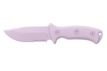 Studio shot featuring a pink combat knife with a serrated blade, isolated against a transparent background, highlighting its sharp design