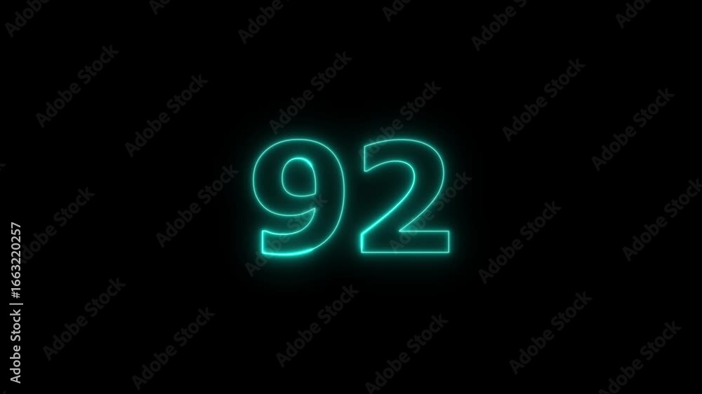 Poster glowing neon text 92 number countdown timer animation background. neon business number icon 4k video
