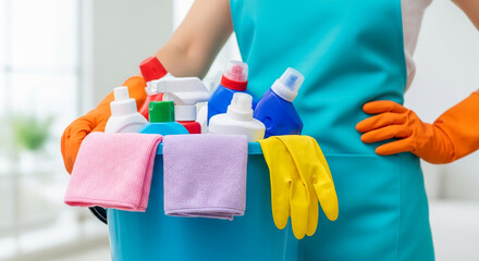 Cleaning supplies in blue bucket, held by person wearing orange gloves and teal apron, showcasing cleaning products and tools, representing cleanliness and hygiene