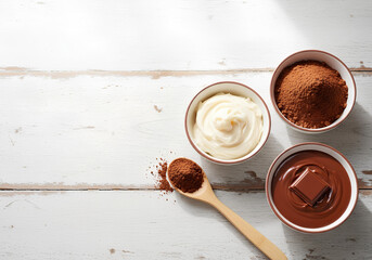 Chocolate baking ingredients like melted chocolate, cocoa powder and cream, top view of chocolate ingredients for dessert. Making delicious chocolate confectionery from scratch.