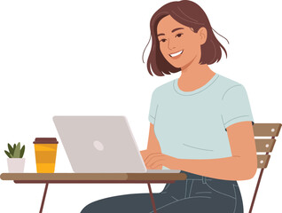 Young woman smiling while working on her laptop at an outdoor cafe table with coffee and plant isolated on transparent background