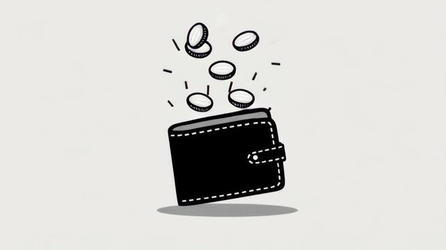 Monochrome Illustration of Wallet with Coins Falling in Minimalist Style for Digital Use