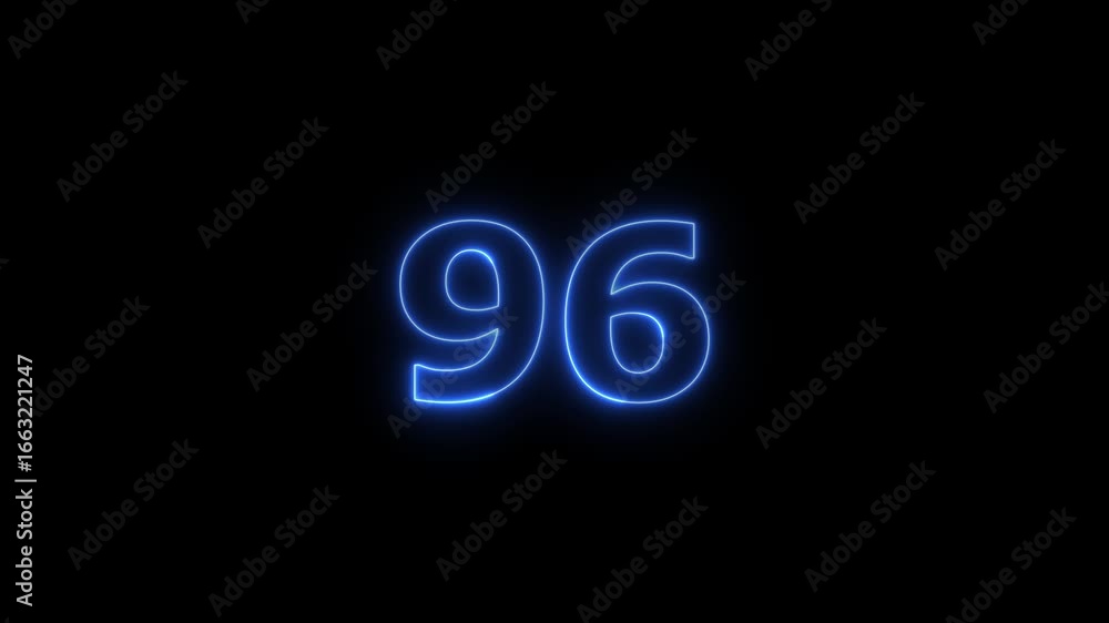 Poster glowing neon text 96 number countdown timer animation background. neon business number icon 4k video