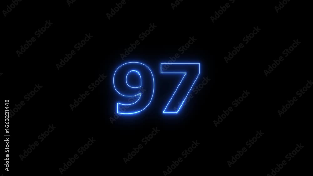 Poster glowing neon text 97 number countdown timer animation background. neon business number icon 4k video