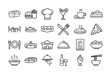Restaurant Icon Set. Food, Chef, Pizza, Coffee, Wine, Dessert, Fish, Plate, Bowl, Fork, Knife, and More. Editable Stroke. Vector Illustration.