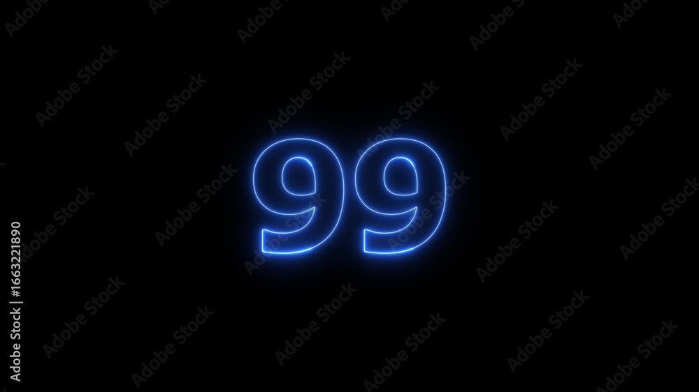 Poster glowing neon text 99 number countdown timer animation background. neon business number icon 4k video