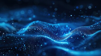 Abstract glowing digital background with blue particle dots and wave pattern on dark backdrop, futuristic wallpaper for AI, blockchain, big data and cyber technology themes