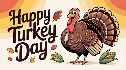 Cartoon Turkey Celebrates Thanksgiving with Leaves and Corn Wishing Everyone a Happy Turkey Day in Bold Lettering and Festive Colors