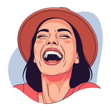 Pure Joy Unveiled: A young woman in a wide-brimmed hat throws her head back in unrestrained laughter, her eyes squeezed shut in delight, embodying the spirit of happiness and carefree living.