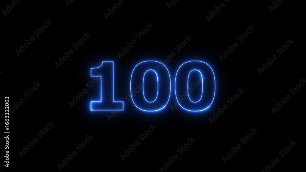 Poster glowing neon text 100 number countdown timer animation background. neon business number icon 4k vide