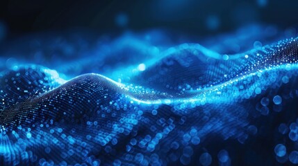 High-resolution abstract futuristic wallpaper with glowing blue wave on dark background, digital particle concept for blockchain, AI, cyber security and big data visualization