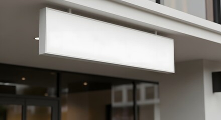 Long blank hanging sign mockup on modern building facade, empty illuminated advertising board for business